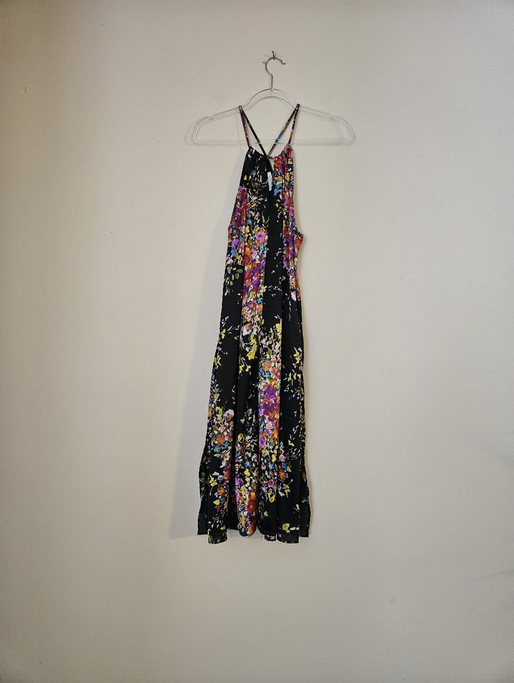 Pearle 88 Black Floral Maxi Dress with Strappy Back, Size Small